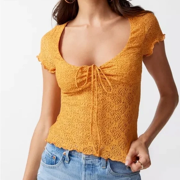 Urban Outfitters orange kimchi blue Quinn lace top size large - Picture 1 of 5